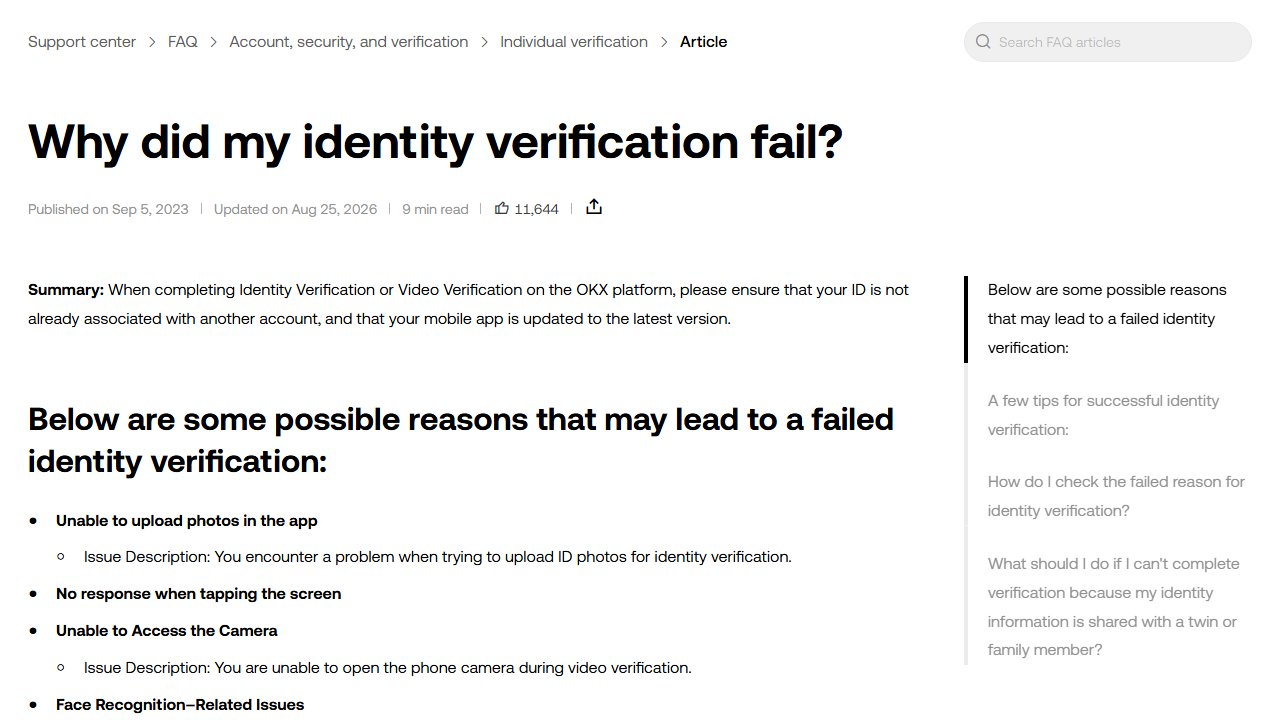 okx.com 官方页面截图：Why did my identity verification fail?